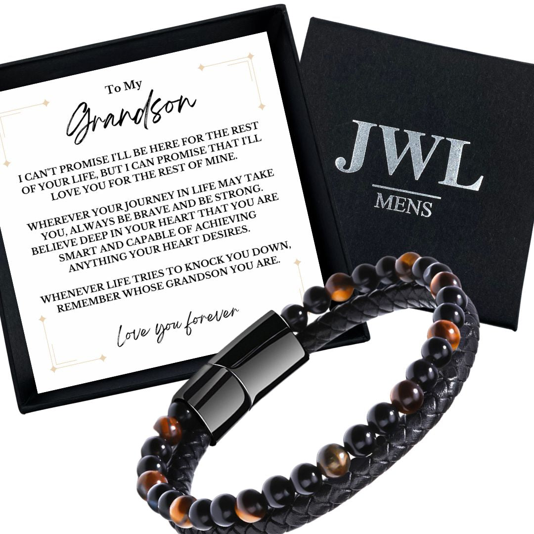 To My Grandson - 21cm Leather and Bead Bracelet - JWL Men's Bracelet