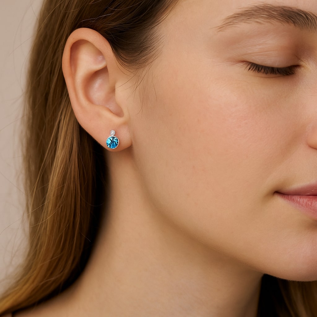 Classic Round Topaz Blue Austrian Crystal Solitaire Earrings