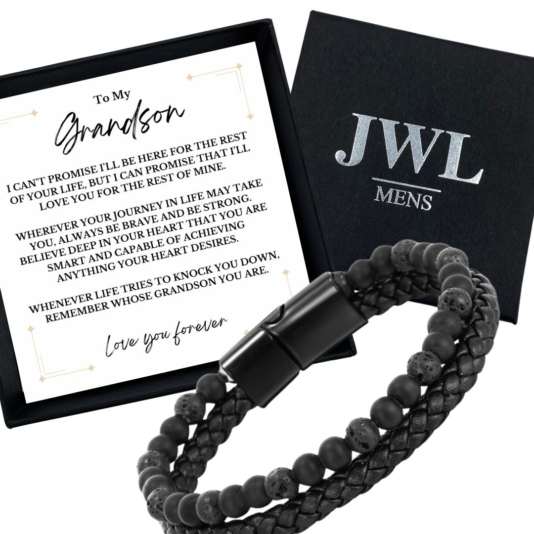 To My Grandson - 21cm Leather and Bead Bracelet - JWL Men's Bracelet