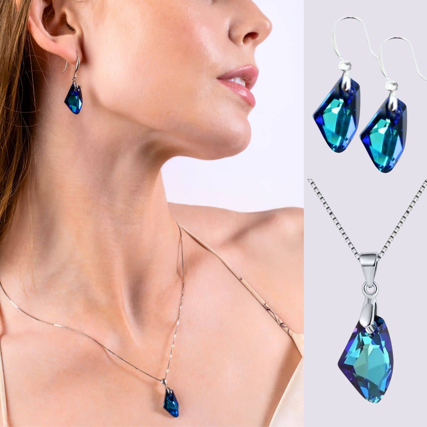 Shimmering Bermuda Blue Crystal Set - Necklace & Earrings - Made with Austrian Crystals