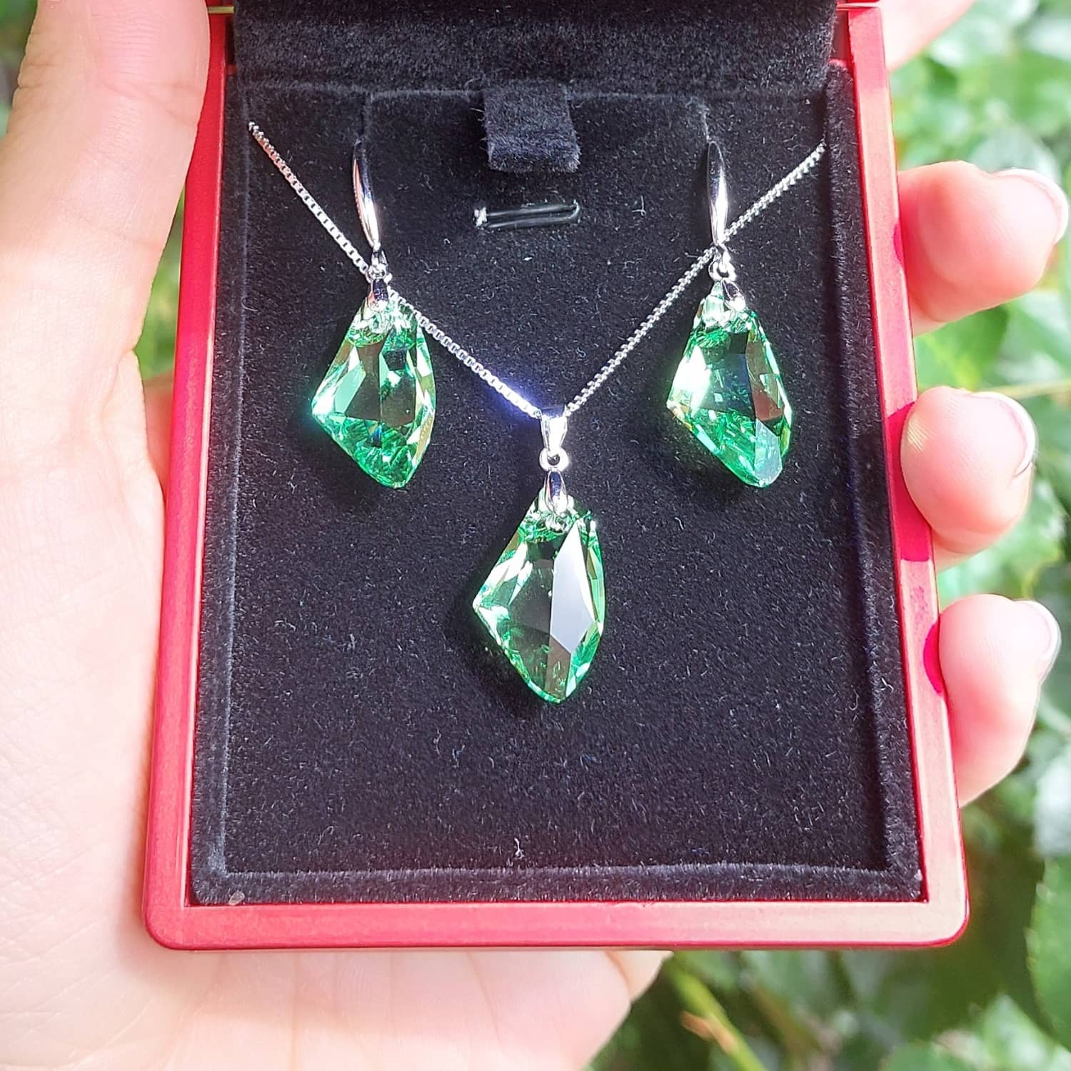 Shimmering Green Crystal Set - Necklace & Earrings - Made with Austrian Crystals