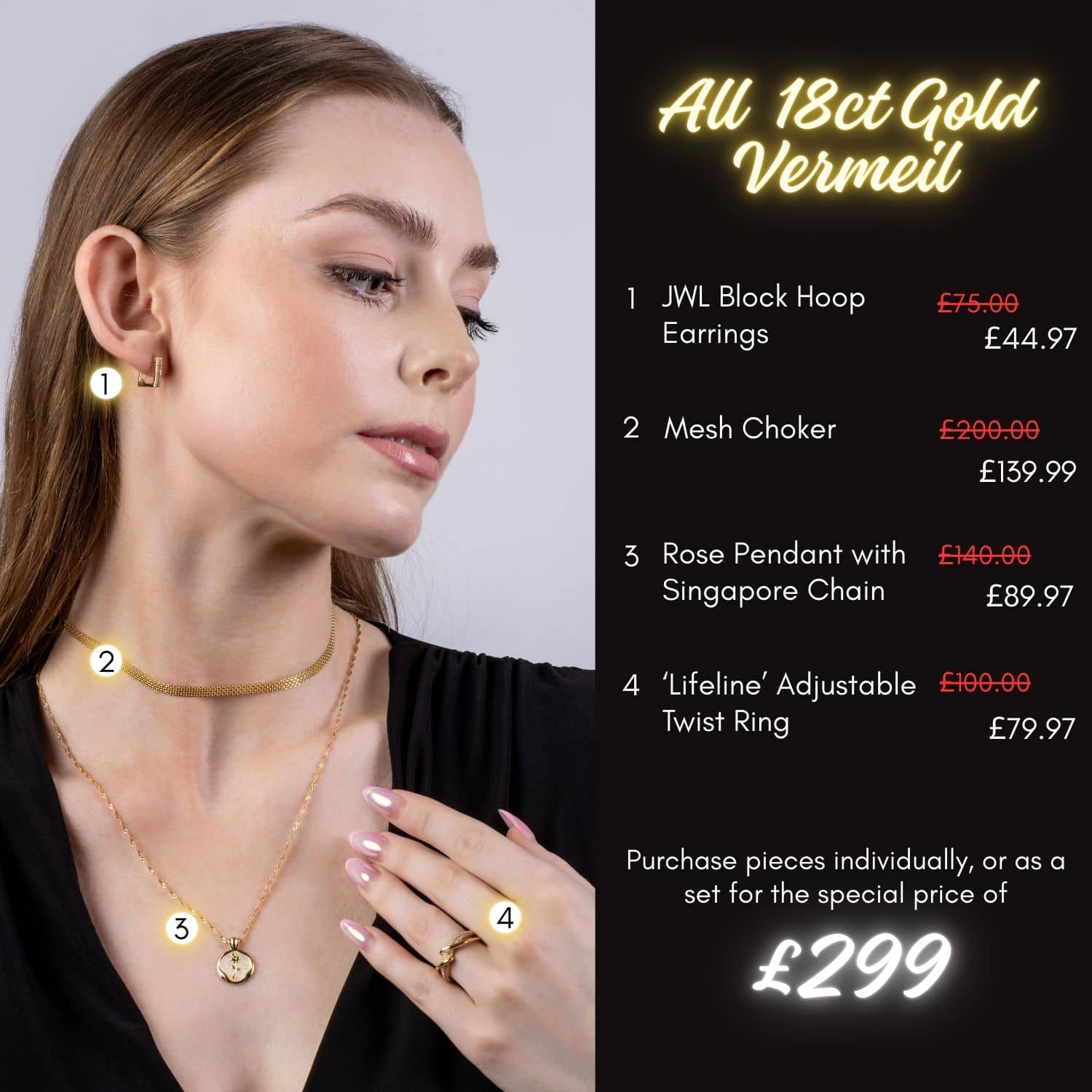 JWL Golden Edit - Earrings, Choker, Rose Necklace & Ring - Gold Vermeil