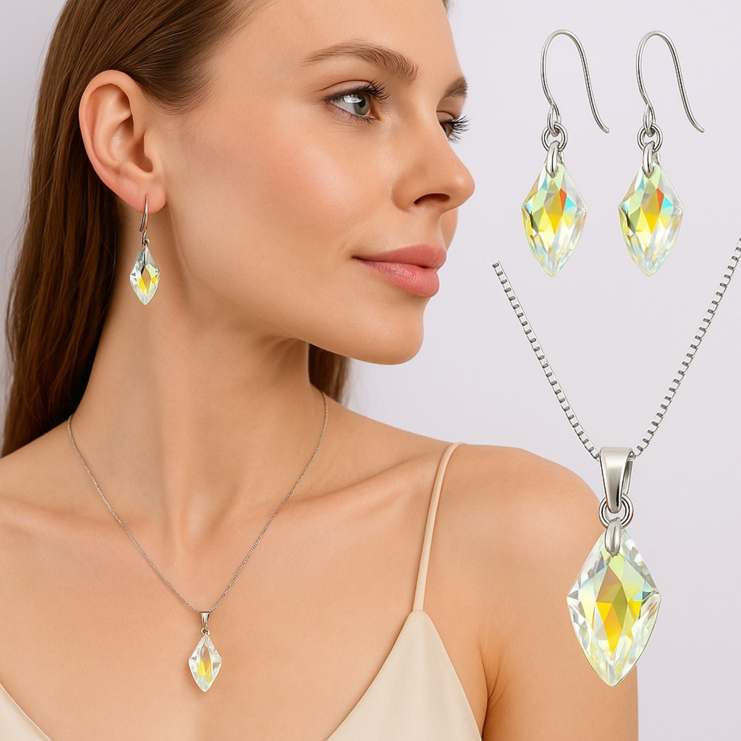 Shimmering Iridescent Crystal Set - Necklace & Earrings - Made with Austrian Crystals