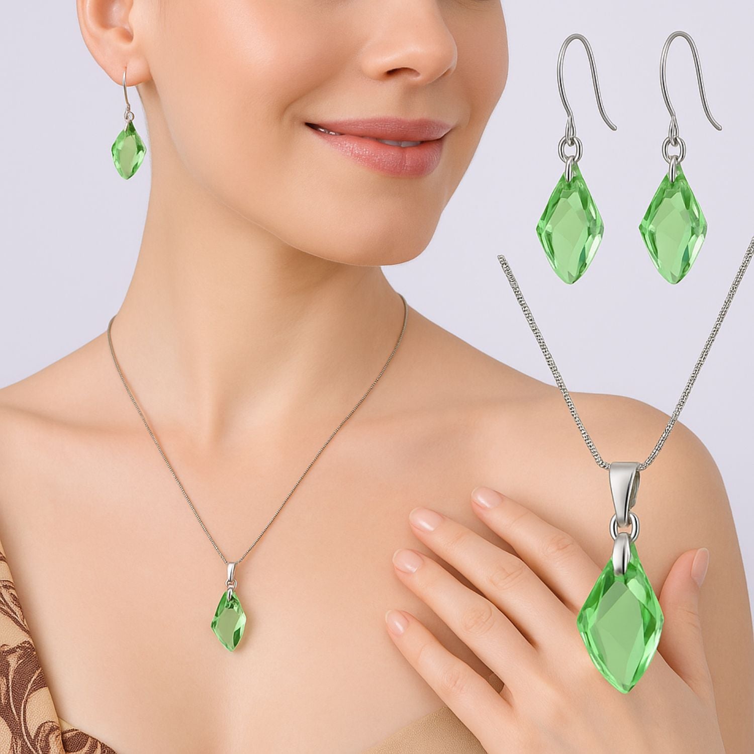 Shimmering Green Crystal Set - Necklace & Earrings - Made with Austrian Crystals