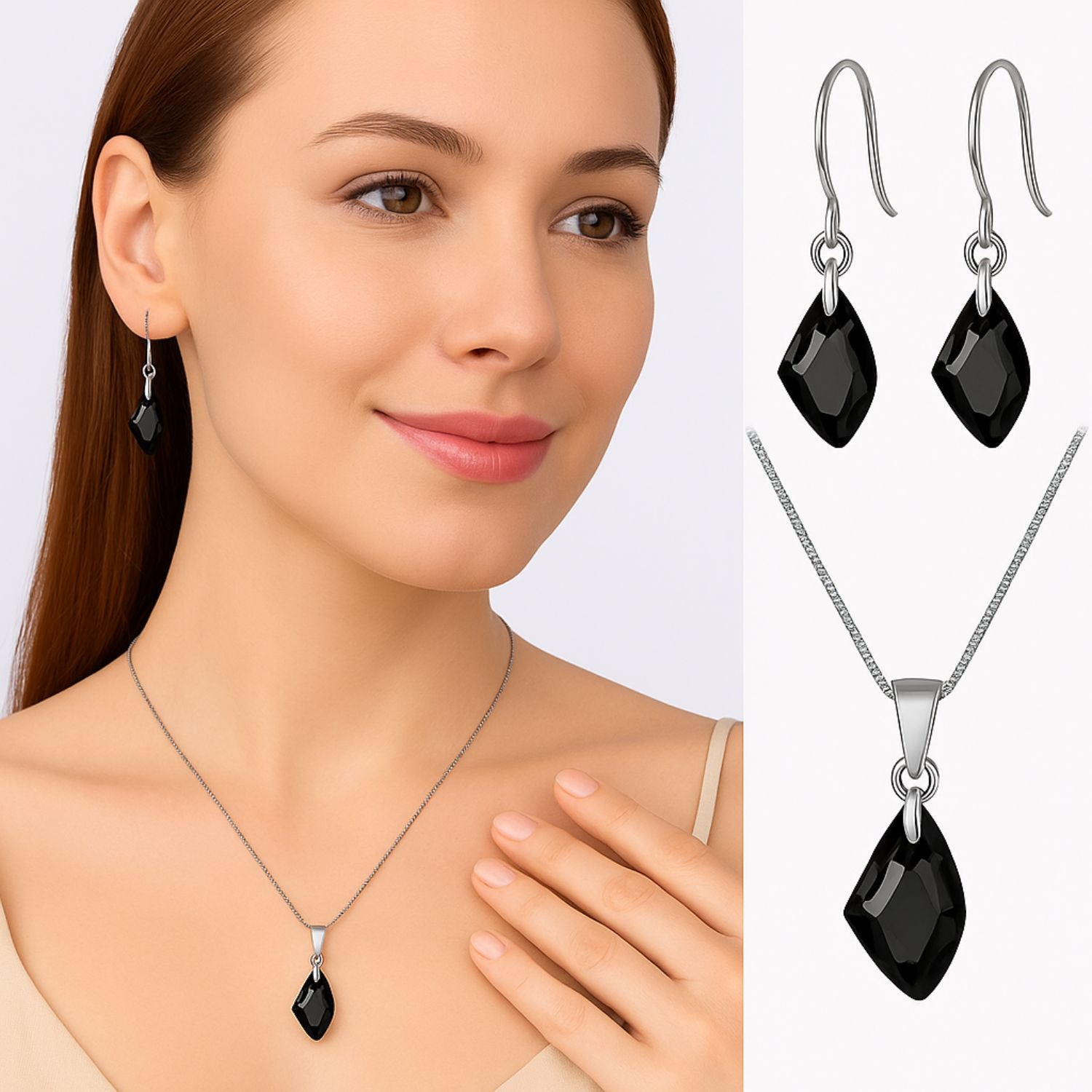 Obsidian Black Teardrop Crystal Set - Necklace & Earrings - Made with Austrian Crystals