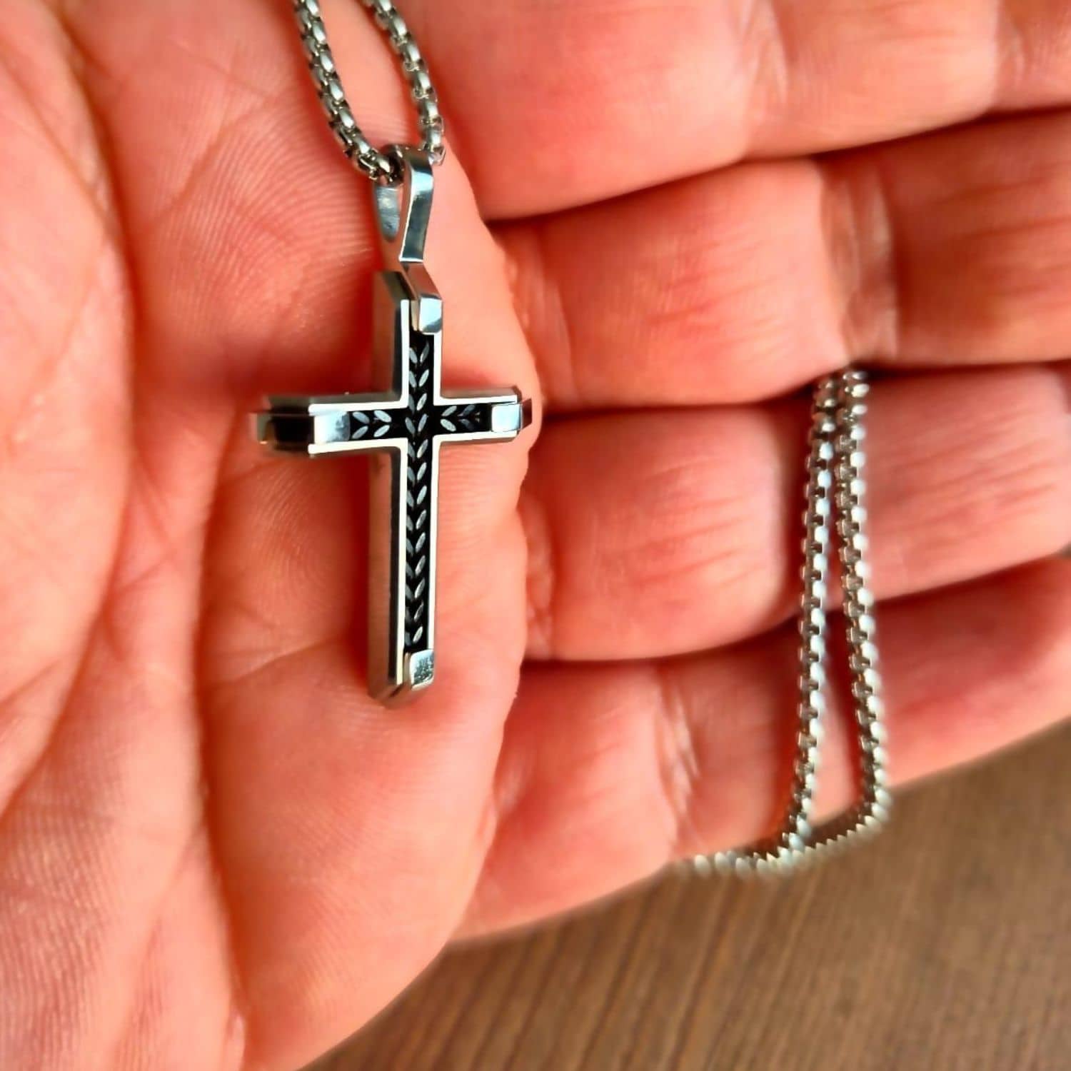 Sophisticated Herringbone Cross Pendant in Premium Stainless Steel