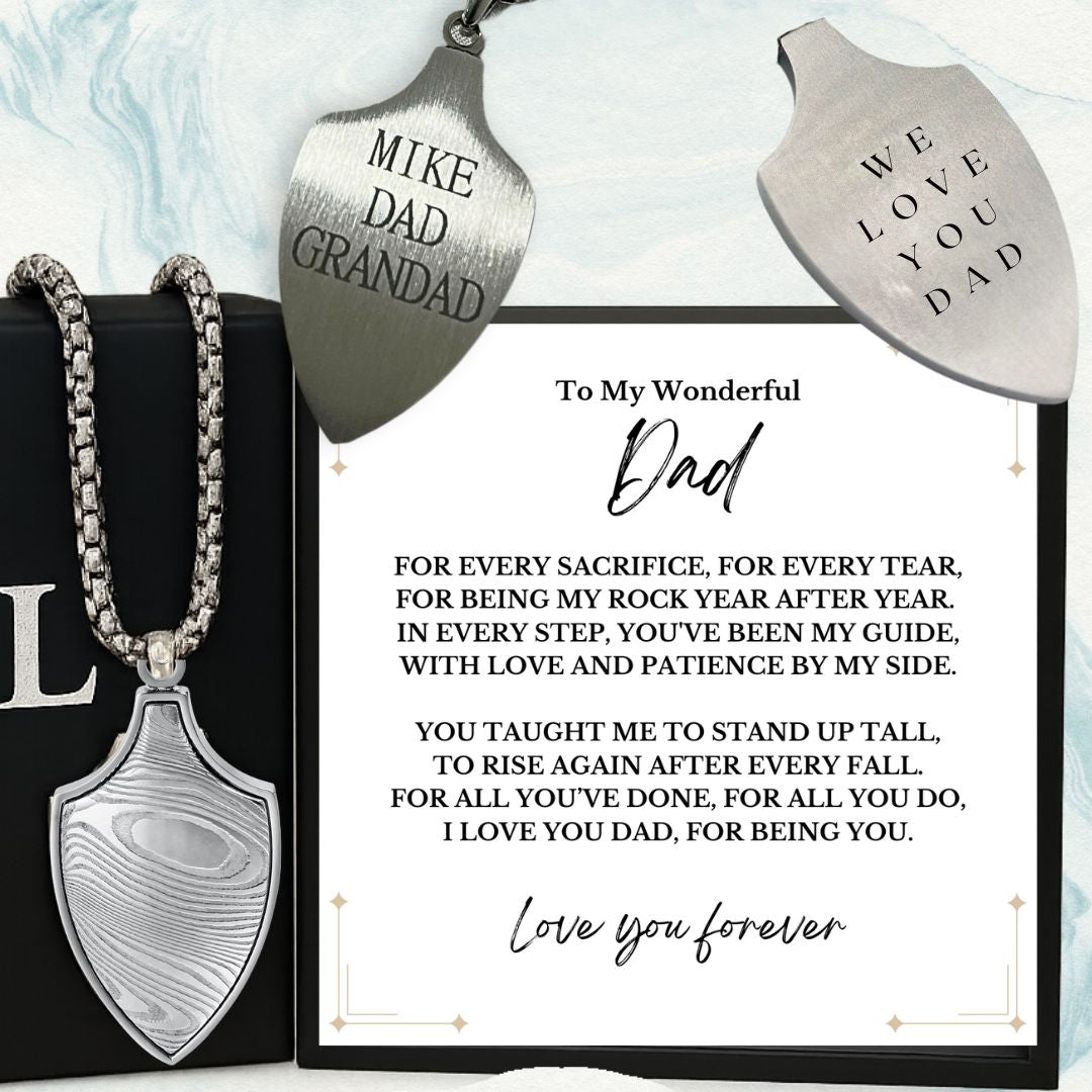 To My Wonderful Dad Damascus Steel Shield Necklace
