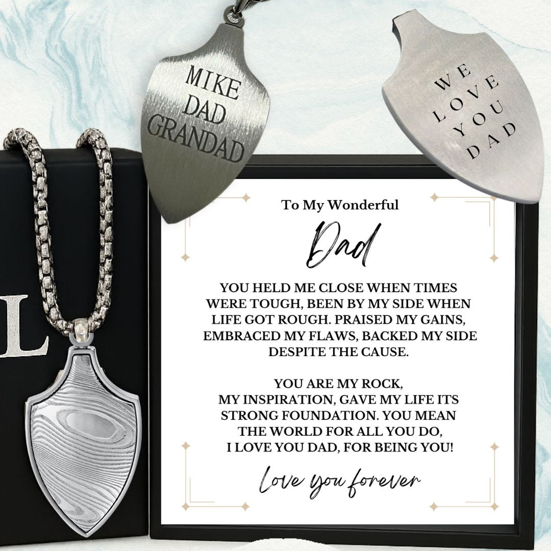 To My Wonderful Dad Damascus Steel Shield Necklace
