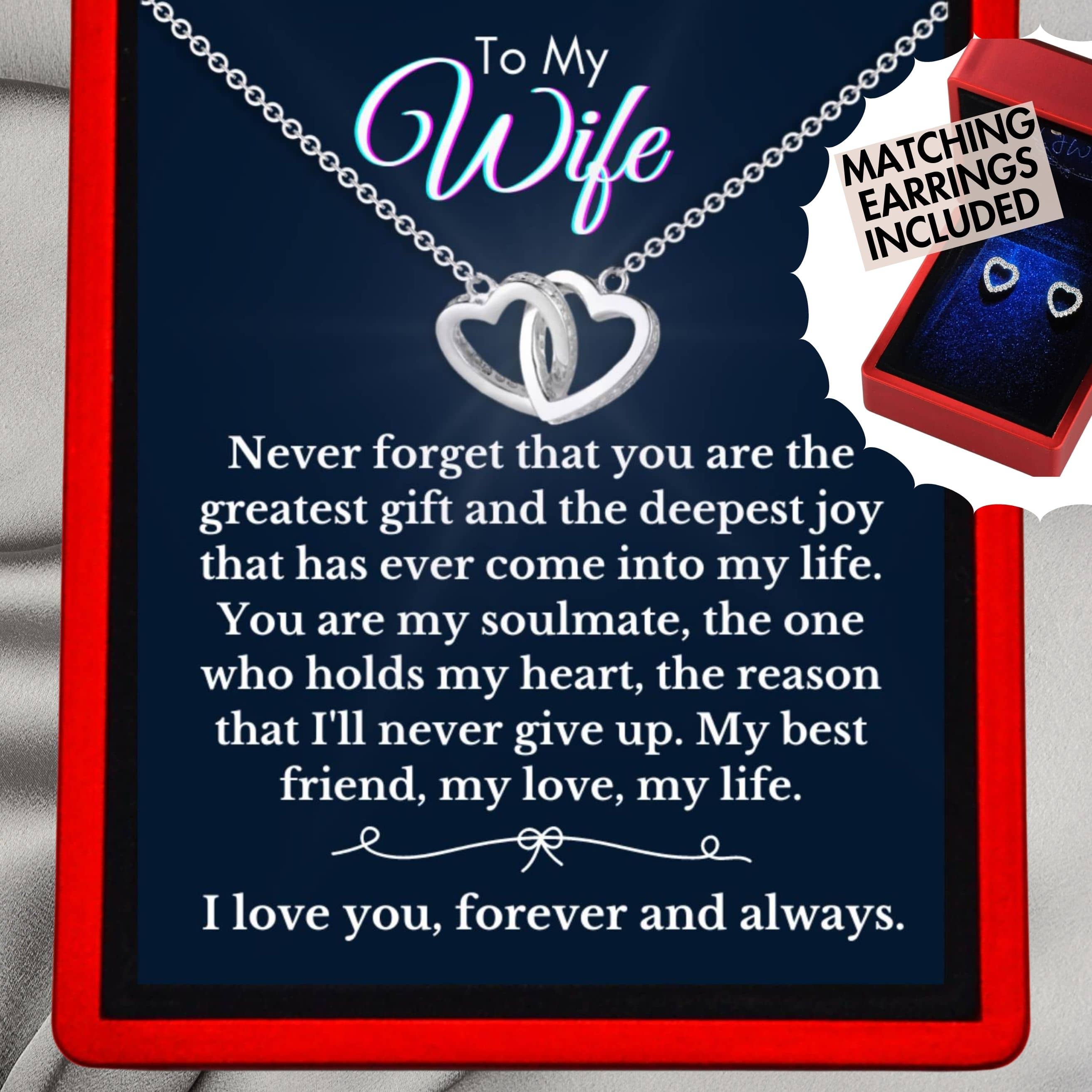 To My Wife 'Greatest Gift' SET - Interlocking Silver or Gold Vermeil Hearts Necklace and Earrings WF11Set