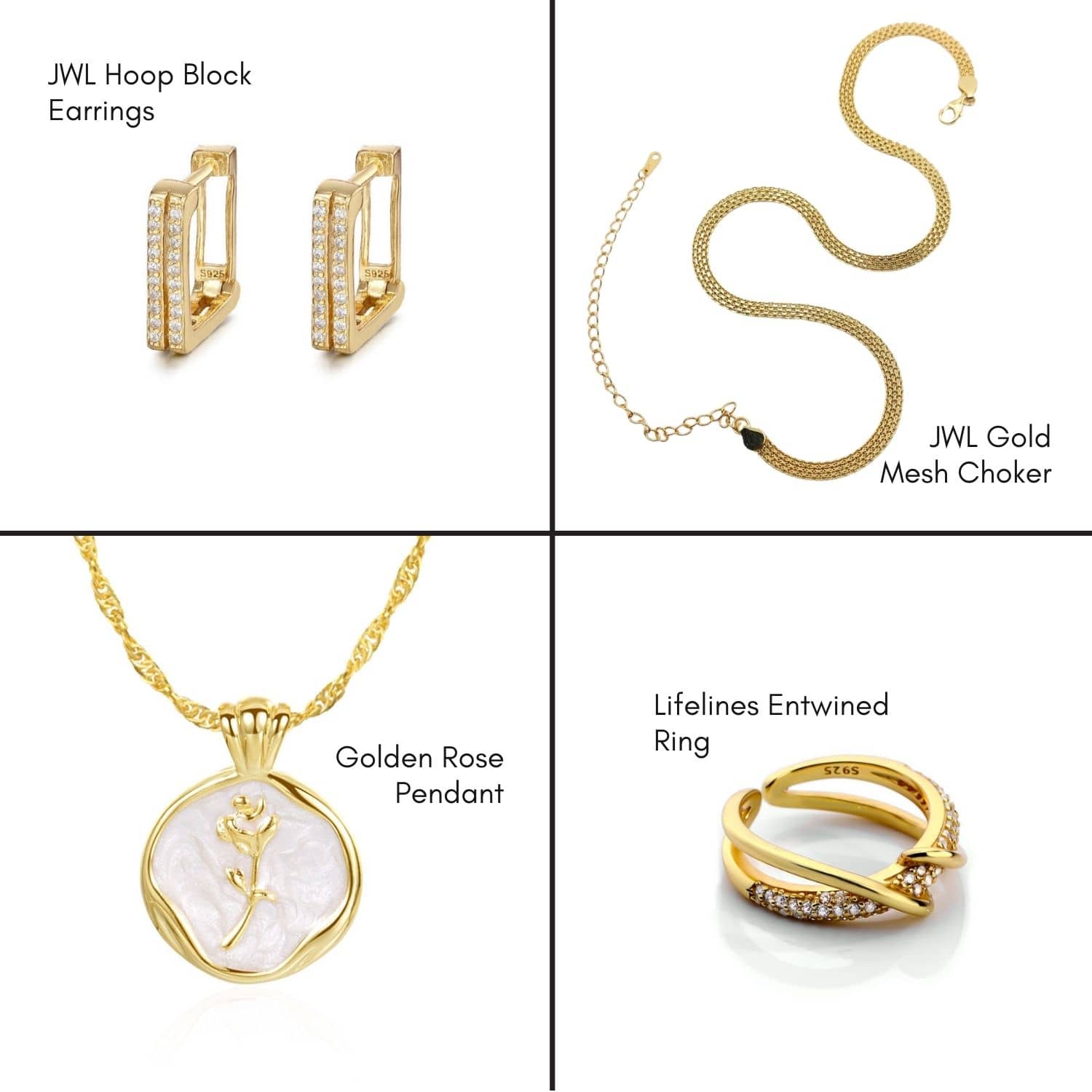 JWL Golden Edit - Earrings, Choker, Rose Necklace & Ring - Gold Vermeil
