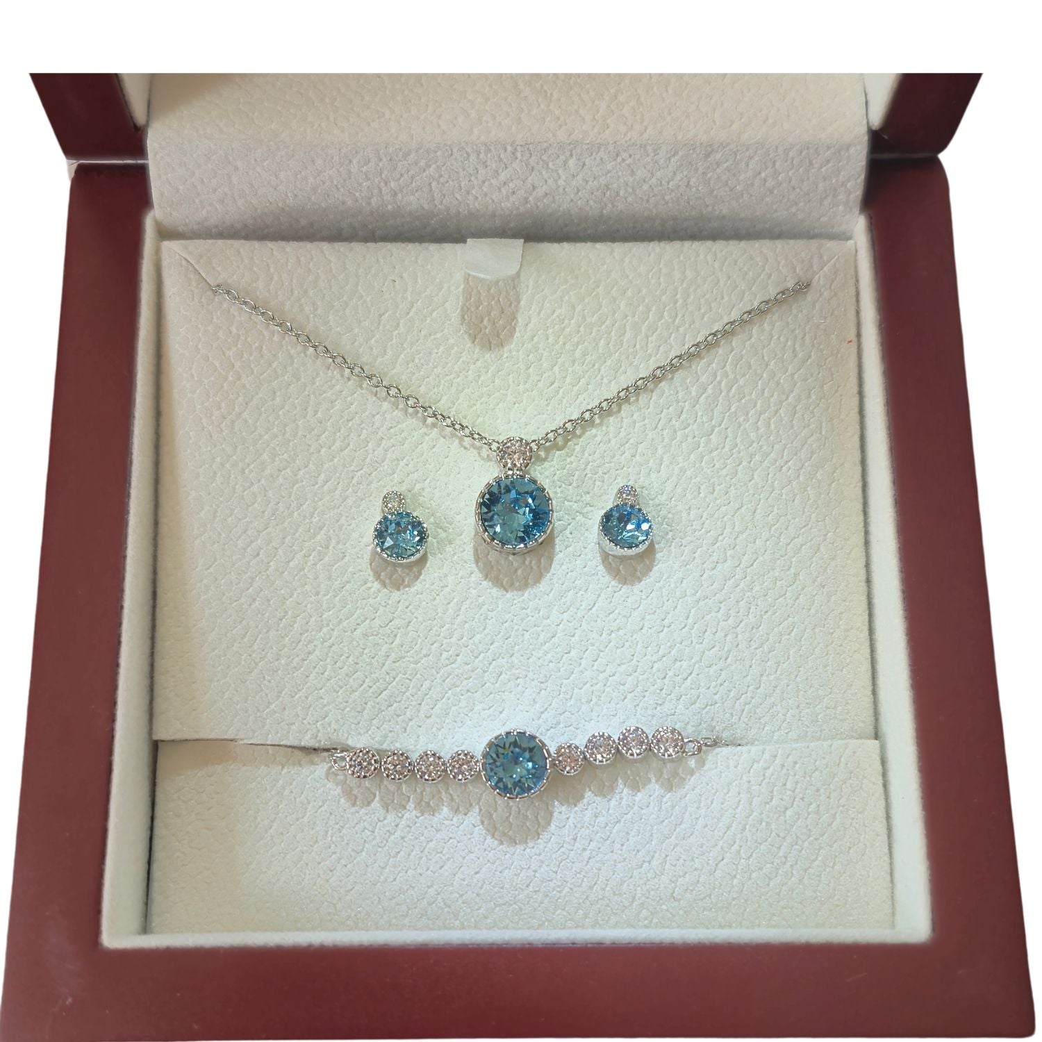 Klassieke Ronde Aquamarijn Solitaire Sieradenset met Oostenrijkse Kristallen - Geboortesteen Maart (March Birthstone)