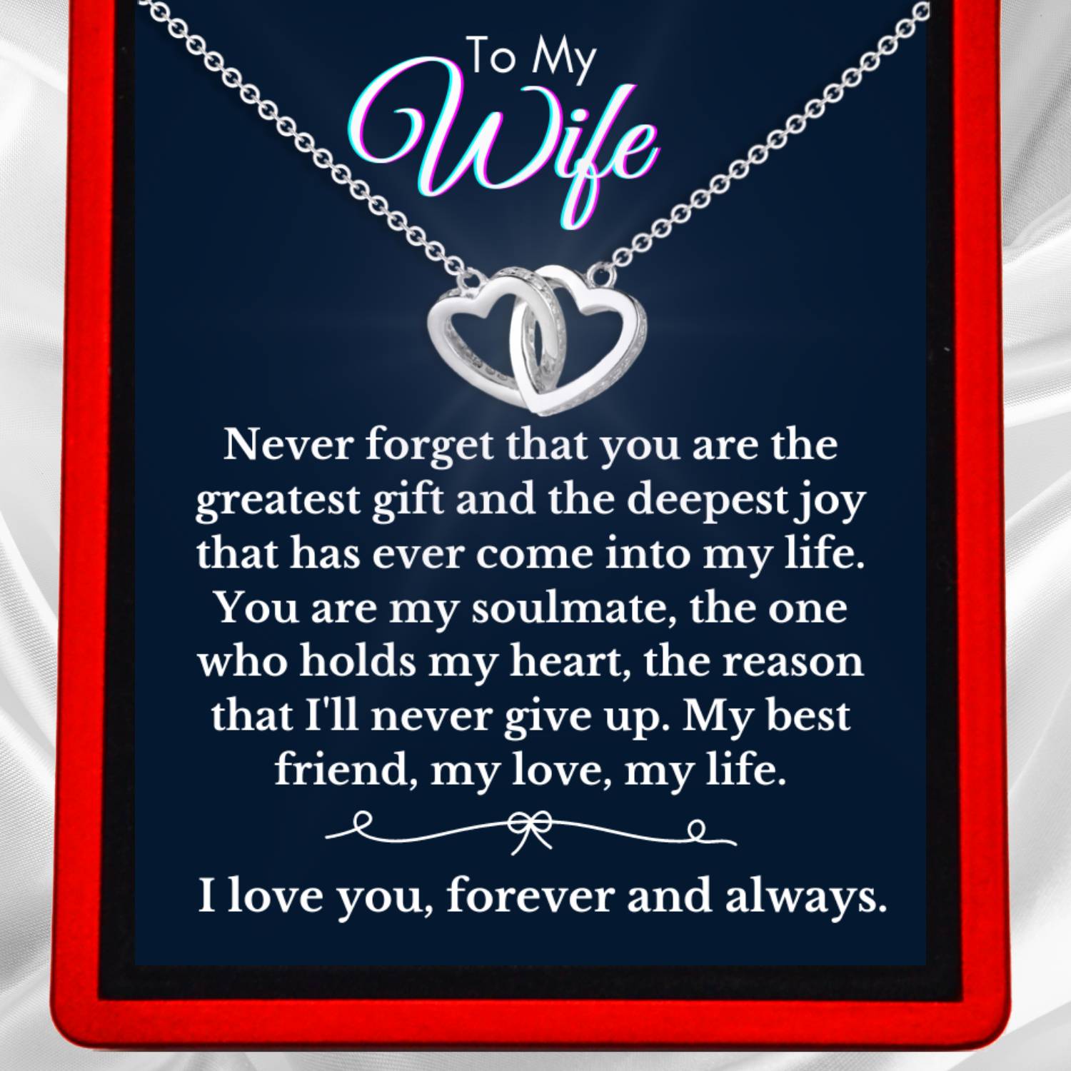 To My Wife 'Greatest Gift' - Interlocking Silver or Gold Vermeil Hearts Necklace WF11