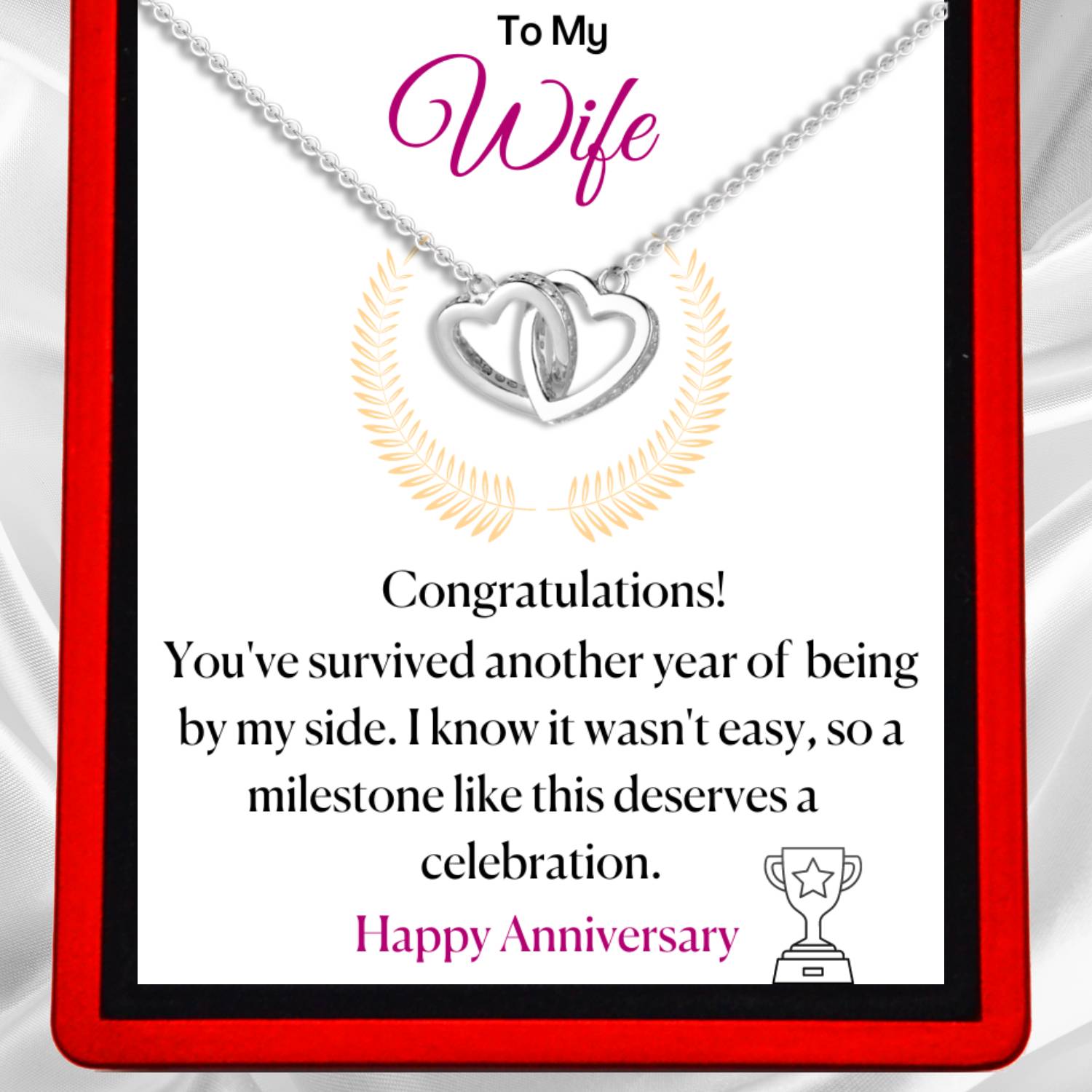 Wife Funny Anniversary - Interlocking Silver or Gold Vermeil Hearts Necklace WF16